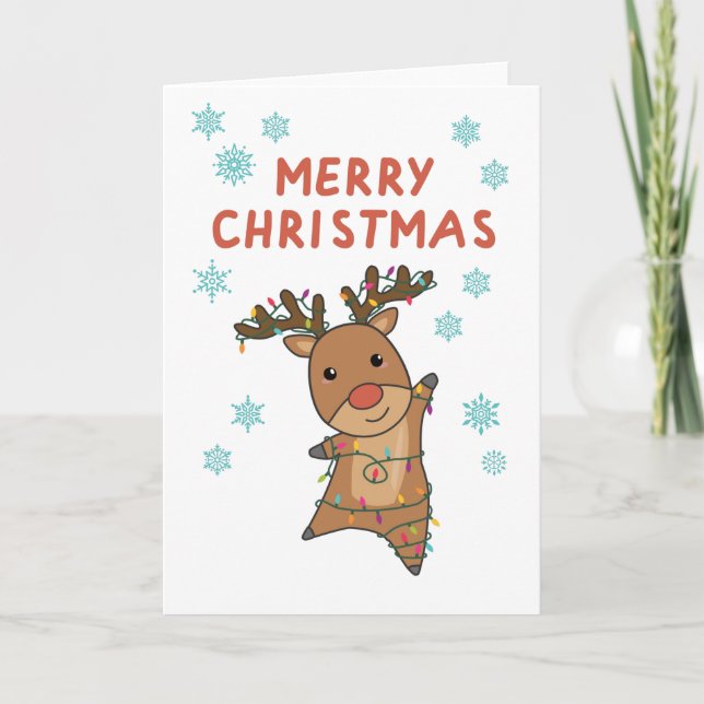 Carte Joyeux Noël Rudolph Rouge Neige renne (Devant)