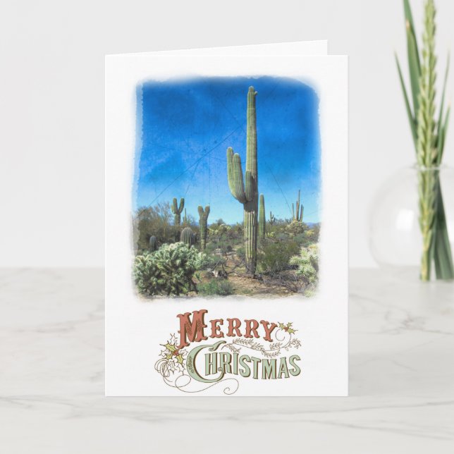 Carte Joyeux Noël scène du désert de Saguaro (Devant)