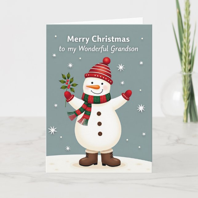 Carte Joyeux Noël Snowman Grandson Card (Devant)