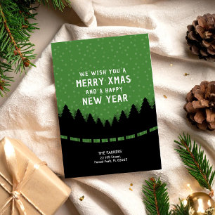 Carte Joyeux Noël vert avec forêt de style rétro et neig