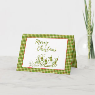 Carte Joyeux Noël vert rouge chèque plaid avec des bougi