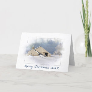 Carte Joyeux Noël vieille grange en flocons de neige