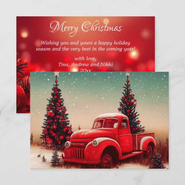Carte Joyeux Noël vintage Camion Rouge (Devant / Derrière)