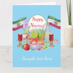 Carte Joyeux Norooz Haft Sin avec des drapeaux Lion et S