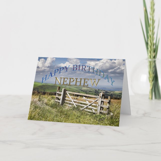 Carte Joyeux Nouvel An Nephew, paysage avec une porte (Devant)