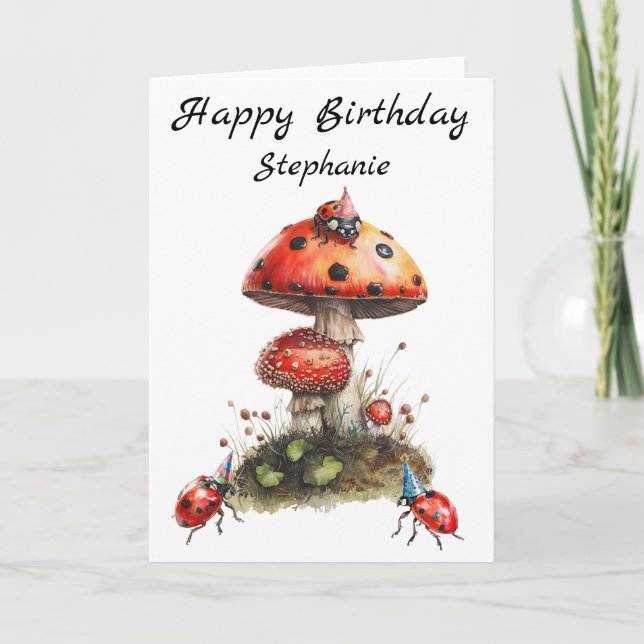 Carte Joyeux Oiseau de champignons Ladybugs (Devant)