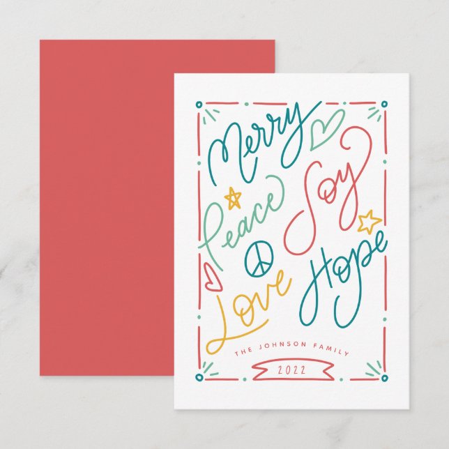 Carte Joyeux Paix Joie Amour Espoir Handled Vacances bri (Devant / Derrière)
