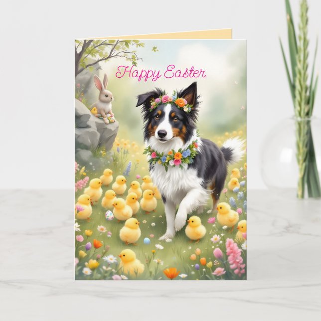 Carte Joyeux Pâques Collie et les poussins (Devant)