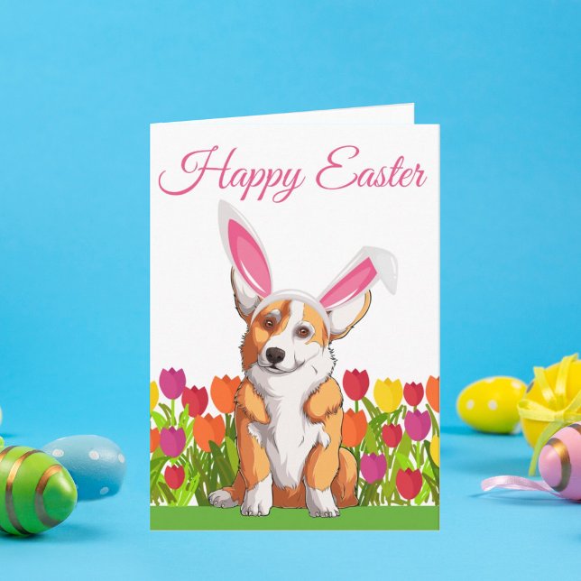 Carte Joyeux Pâques Cute Corgi Bunny Oreilles Floral (Créateur téléchargé)