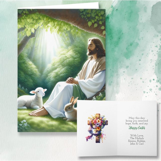 Carte Joyeux Pâques | Jésus assis avec les agneaux et le (Créateur téléchargé)