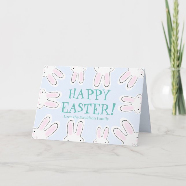 Carte Joyeux Pâques turquoise blanc mignon lapin personn (Devant)