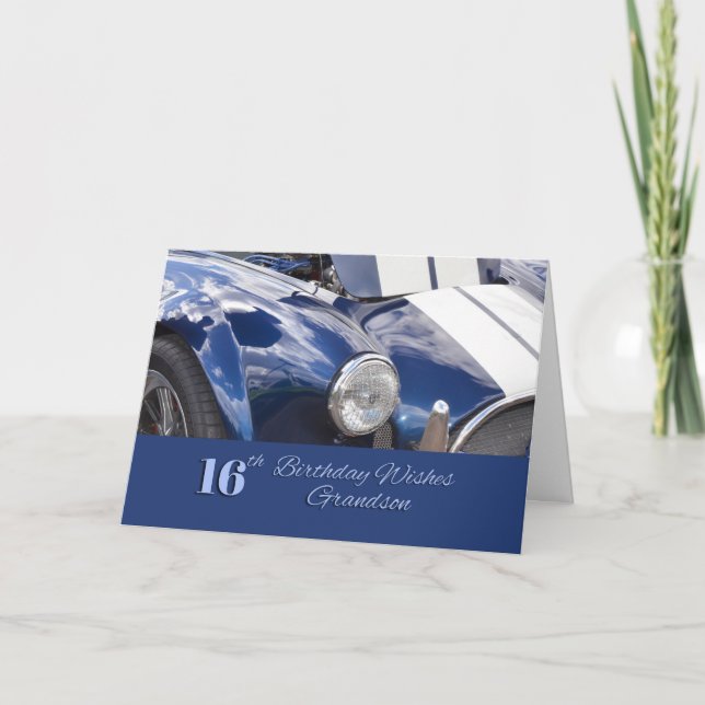 Carte Joyeux petit-fils du 16e anniversaire, voiture ble (Devant)