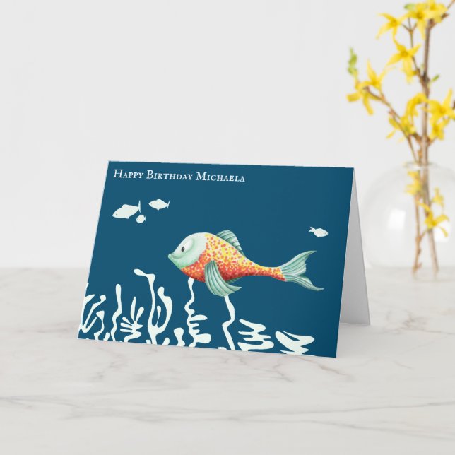 Carte Joyeux poisson mignon anniversaire personnalisé (Fleur jaune)