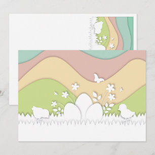 Carte Joyeux poussins de pâques et oeufs dans la nature