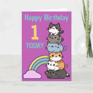 Carte Joyeux Premier (1Er) Anniversaire Pile De Chats Âg