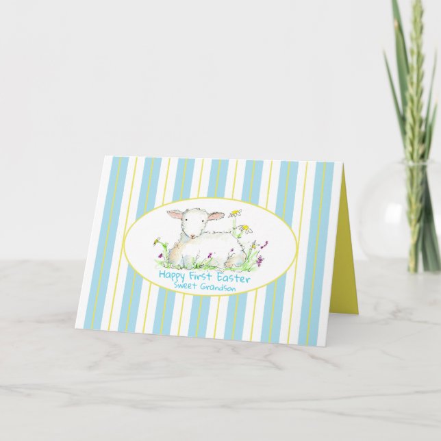 Carte Joyeux premier agneau de Pâques bleu (Devant)
