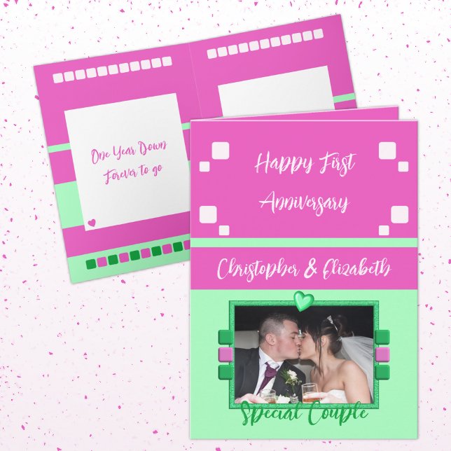 Carte Joyeux premier anniversaire ajouter photo rose ver (Créateur téléchargé)
