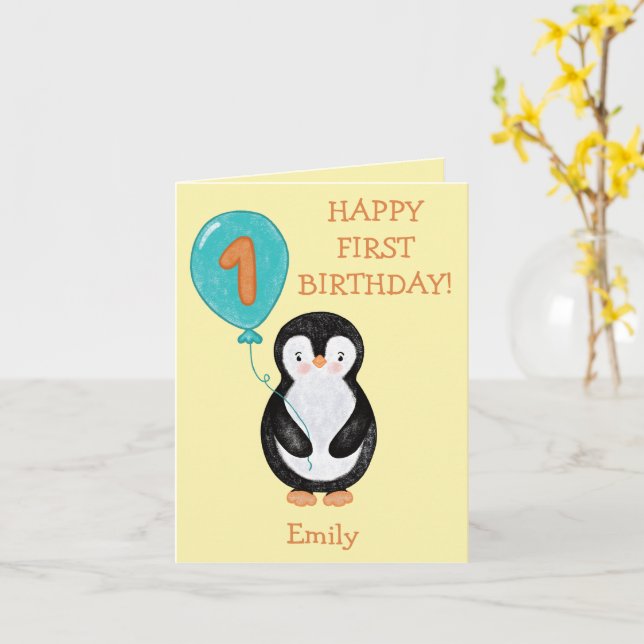 Carte Joyeux premier anniversaire manchot mignon avec ba (Fleur jaune)