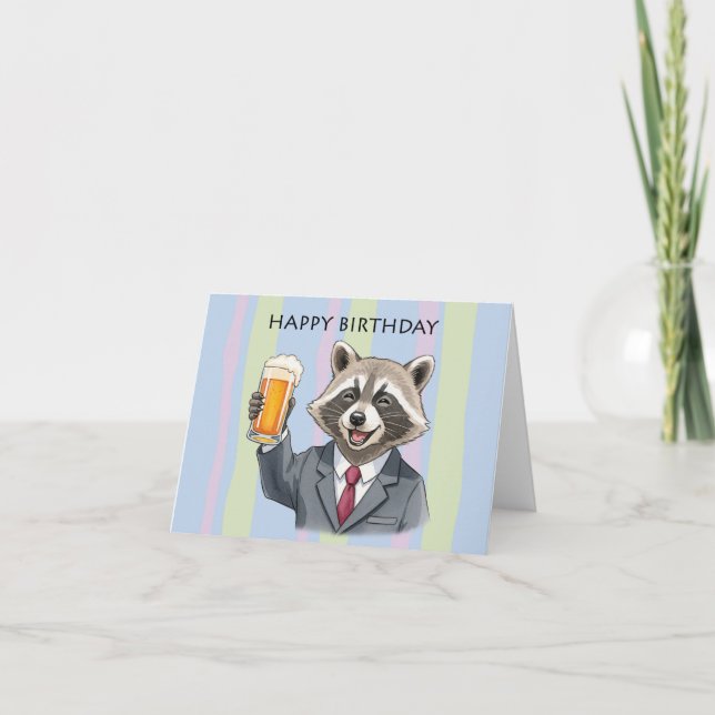 Carte Joyeux Raccoon en costume avec toast à la bière An (Devant)