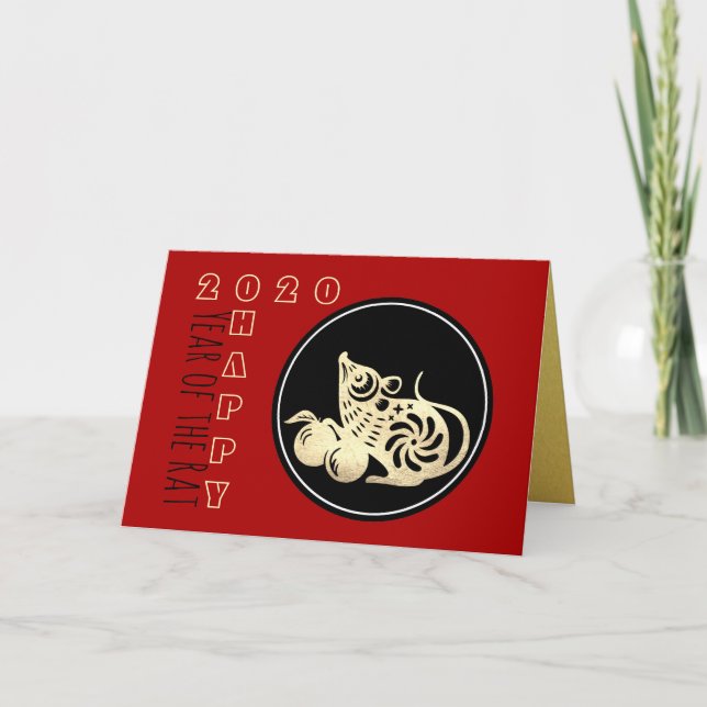 Carte Joyeux Rat chinois Nouvel An 2020 Papier coupé 2 H (Devant)