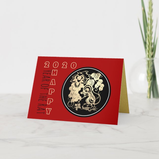 Carte Joyeux Rat chinois Nouvel An 2020 Papier coupé 3 H (Devant)