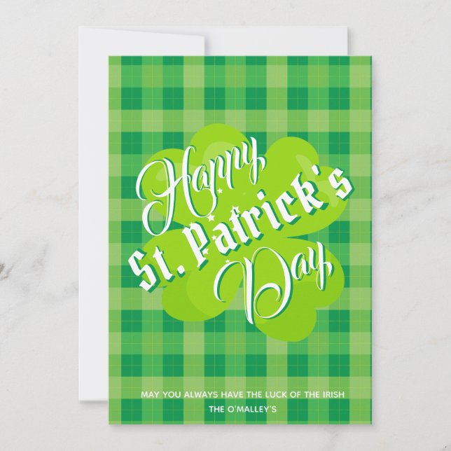Carte Joyeux Saint Patrick's Day Tartan vert Lucky Clove (Devant)