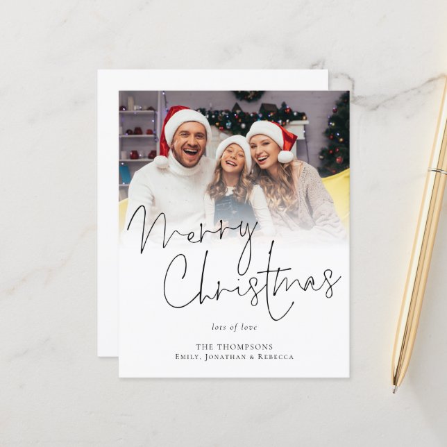Carte Joyeux Script de Noël de la famille Budget (Devant/Arrière en situation)