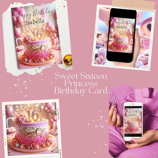 Carte Joyeux Sweet 16 Rose Rose Gold Cake Anniversaire (A great fun Sweet 16 birthday card that comes as printable and instant.)