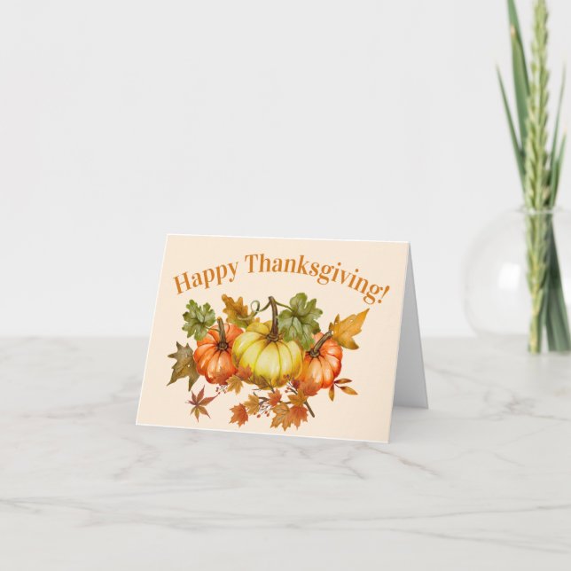 Carte Joyeux Thanksgiving Aquarelle Citrouilles et Feuil (Devant)