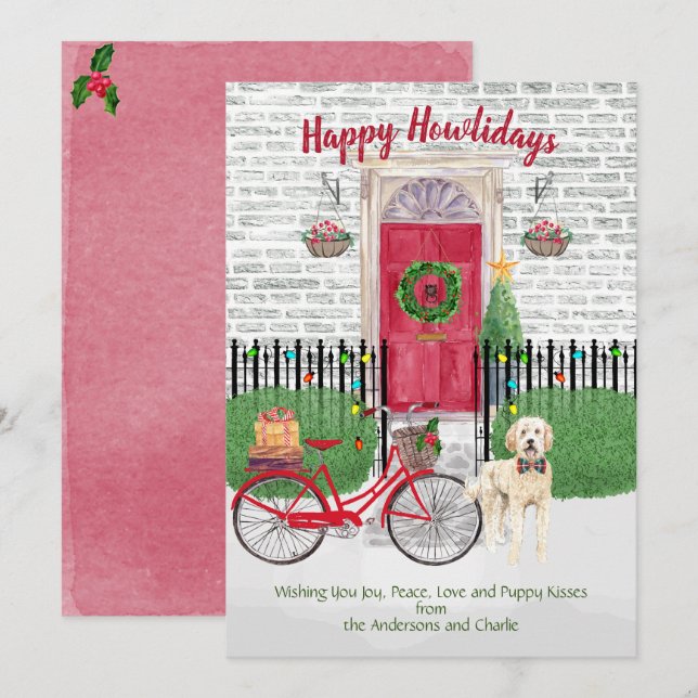Carte Joyeux Vacances Goldendoodle Vélo Porte Rouge (Devant / Derrière)