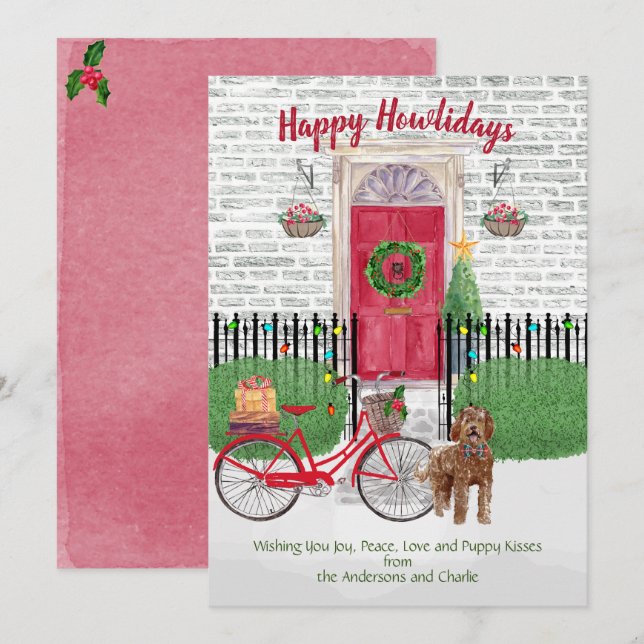 Carte Joyeux Vacances Labradoodle Vélo Porte Rouge (Devant / Derrière)