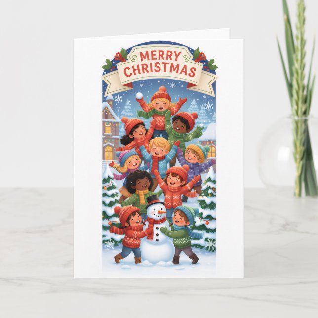 Carte Joyful Christmas Pyramid – Kids Building a Snowman (Devant)