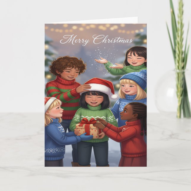 Carte Joyful Gift-Sharing Kids Christmas Card (Devant)