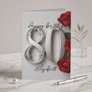 Carte Jubilé 80 ans élégant Rose Rouge Argent