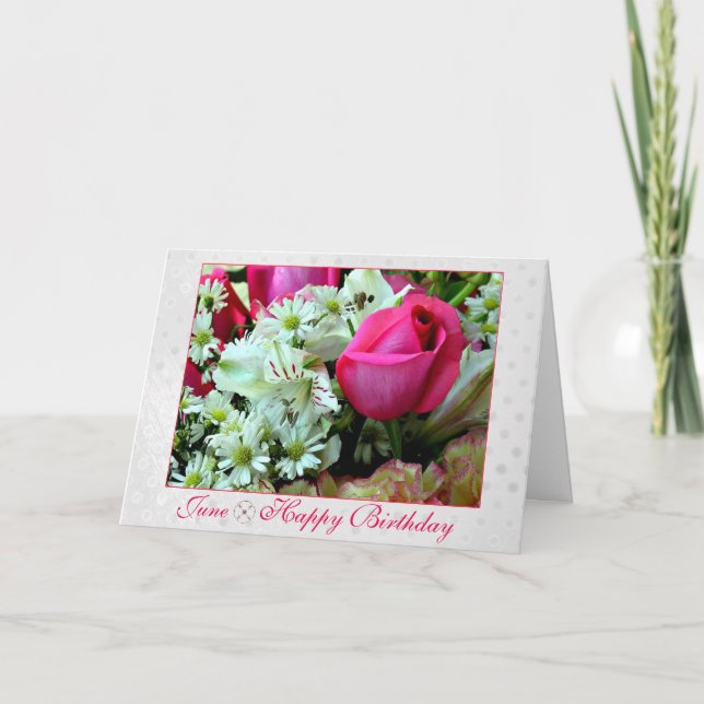 Carte Juin Étonnant rose rose Rose Anniversaire Mois (Devant)