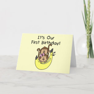 Carte Jumeaux - Jumeau et singe 1er anniversaire