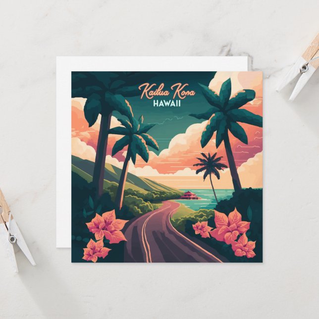 Carte Kailua Kona Hawaii Big Island Sunset Retro (Devant/Arrière en situation)
