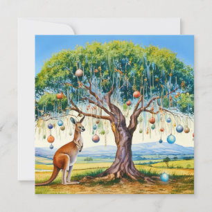Carte Kangourou sous des boules de Noël d'eucalyptus 