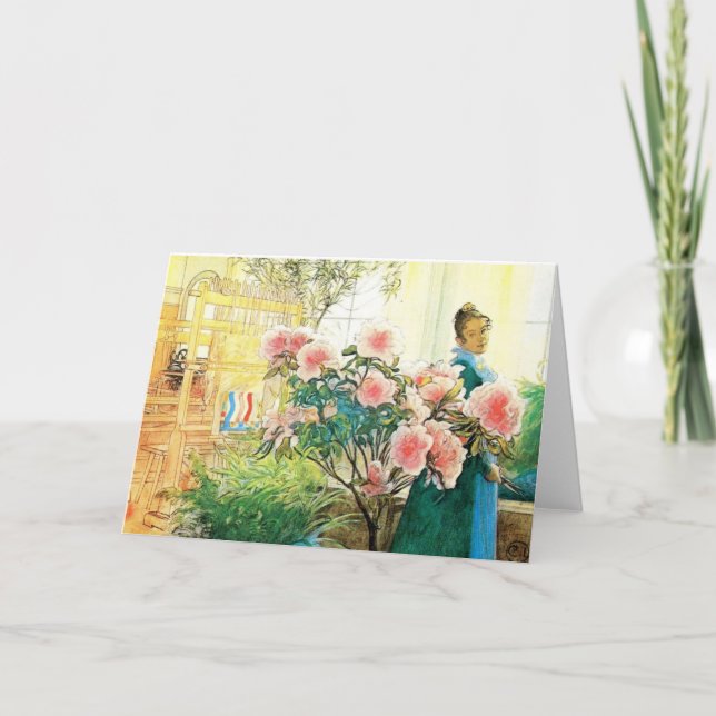 Carte Karin aux fleurs roses et son métier à tisser (Devant)