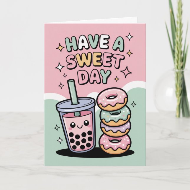 Carte Kawaii Bubble Tea et Donuts Pastel Joyeux Annivers (Devant)
