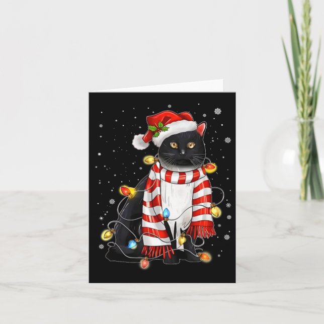 Carte Kawaii Cute Chat Noir Père Noël Tangé Dans La Lig  (Devant)