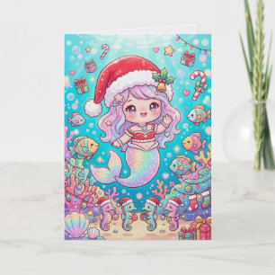 Carte Kawaii Sirène de Noël Mignonne Dessin Animé