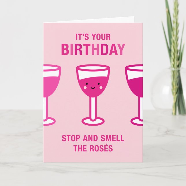 Carte Kawaii Vin Rose Anniversaire (Devant)