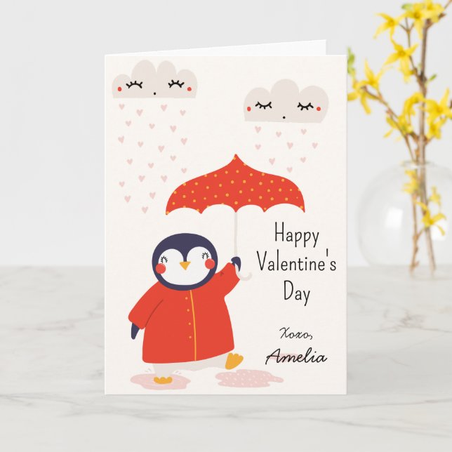 Carte Kids Classroom Cute Penguin Valentine's Day (Fleur jaune)