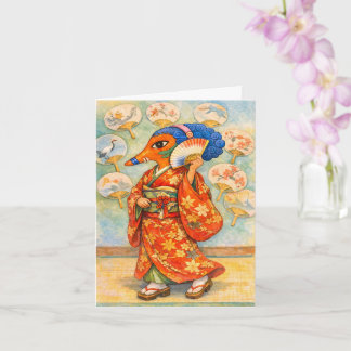 Carte Kitsune en kimono avec éventail