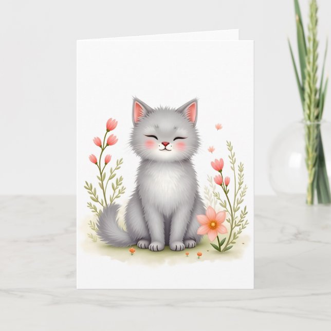 Carte Kitten Aquarelle Chat Mignon avec des Fleurs Vierg (Devant)