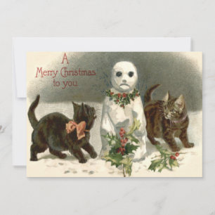 Carte Kitten Chat Curieux Snowman Holly Wreath