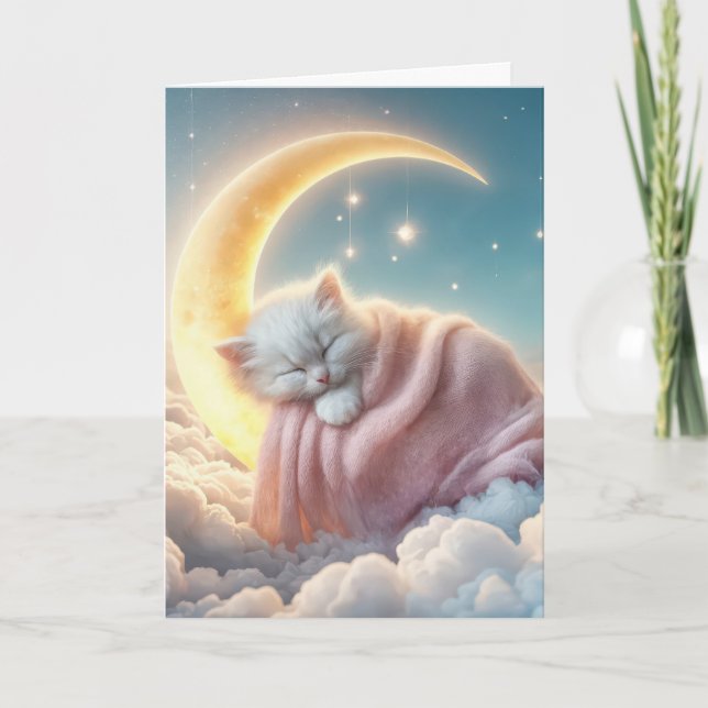 Carte Kitten dormant sur une lune de croissant (Devant)