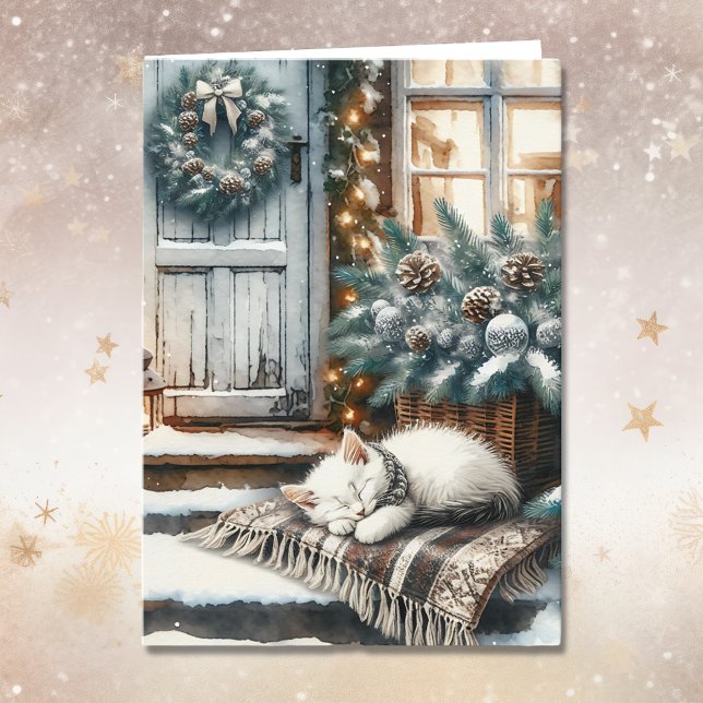 Carte Kitten Dors sur Festive Porche avant Noël (Créateur téléchargé)