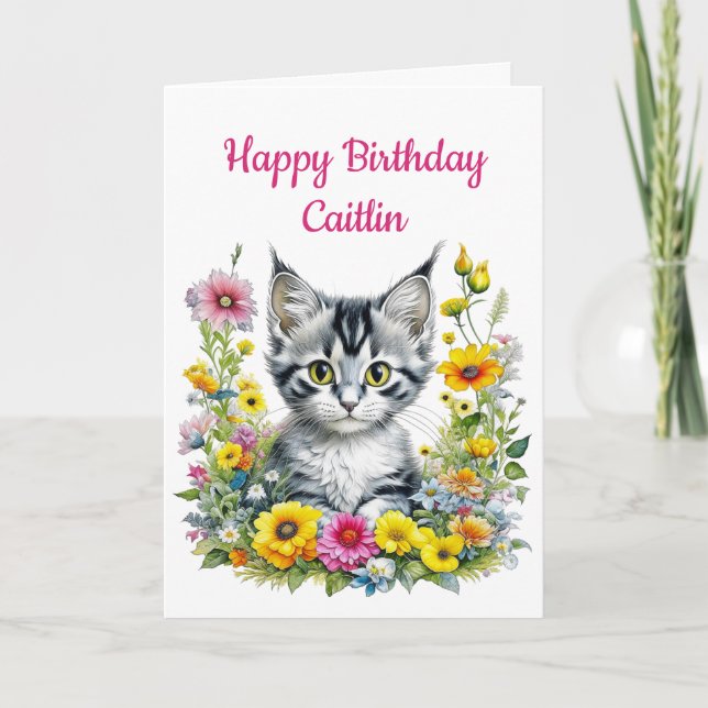Carte Kitten en Fleurs Jaunes Anniversaire personnalisé (Devant)